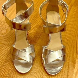 Metallic silver J Crew wrap sandal heels